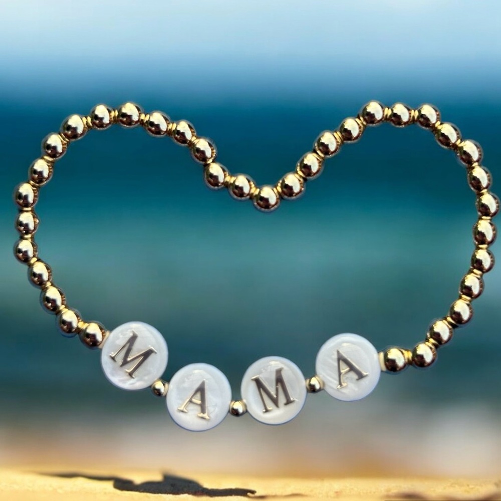 Gold Plated Beads Mama Bracelet stretch, Mother of Pearl letters, name bracelet